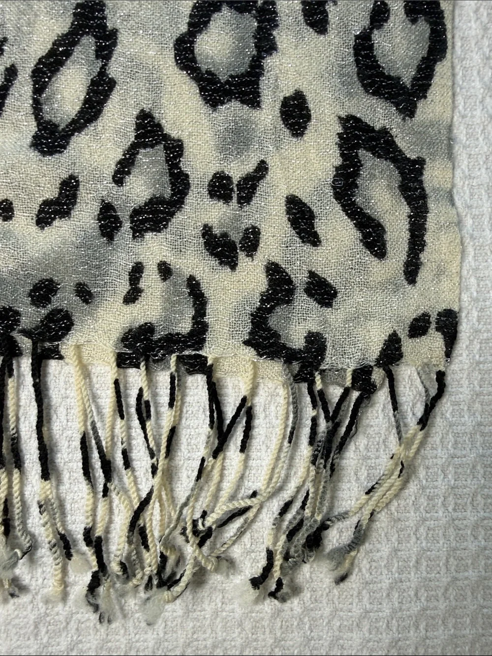 J. McLaughlin white and black animal print wool scarf with silver metallic